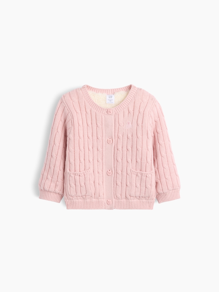Baby Sherpa-Lined Cable-Knit Cardigan Sweater