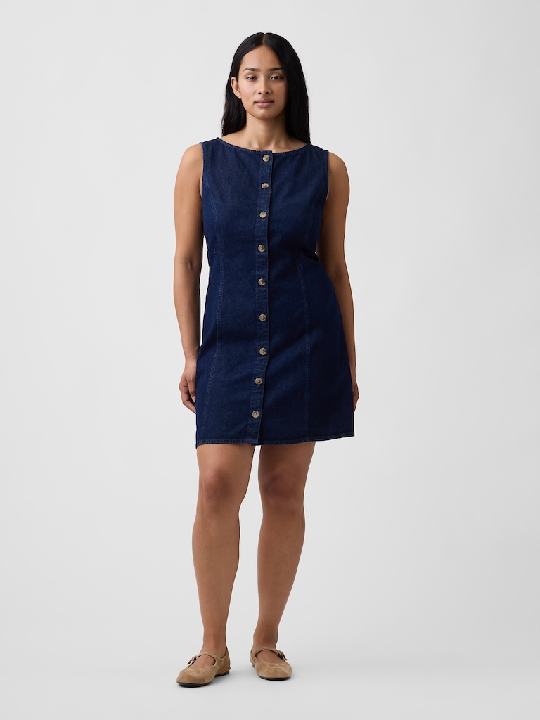 Boatneck Button-Front Mini Dress