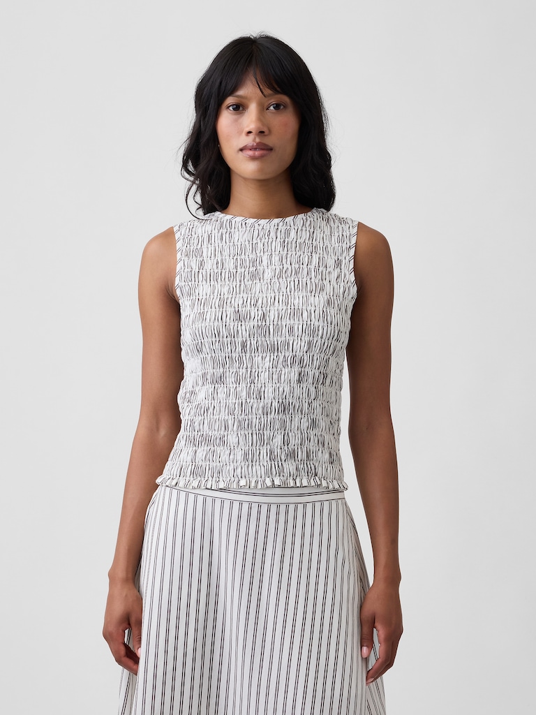 Smocked Sleeveless Boatneck Top