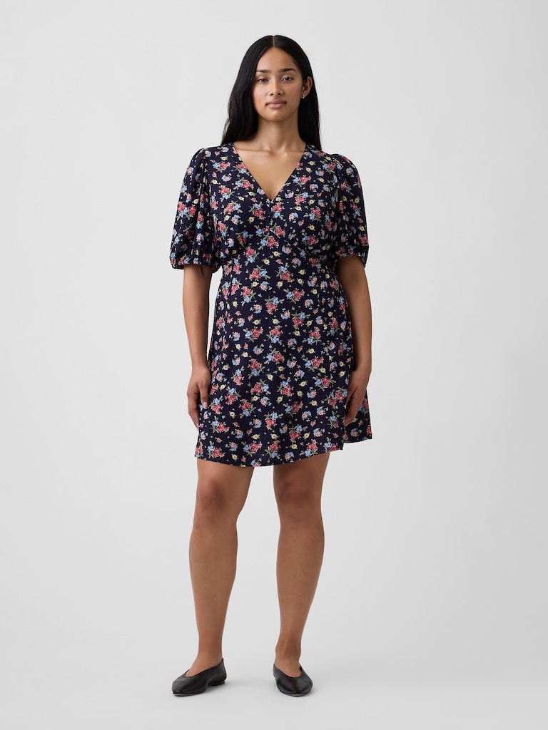 Puff Sleeve V-Neck Mini Dress