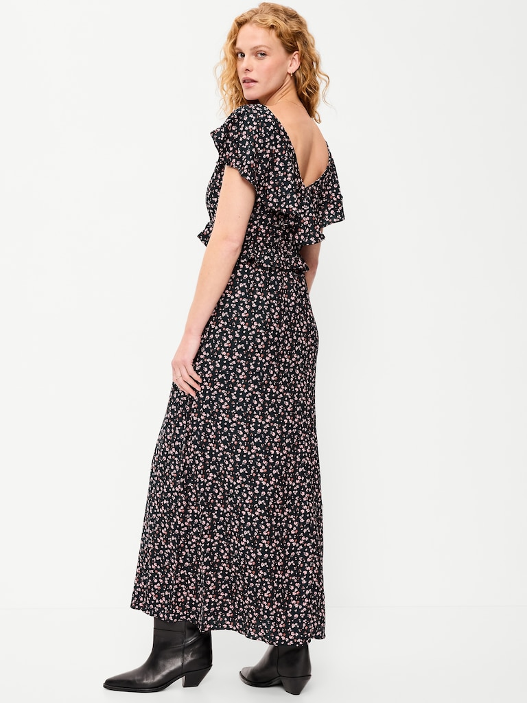 Flutter-Sleeve Crepe Maxi Dress