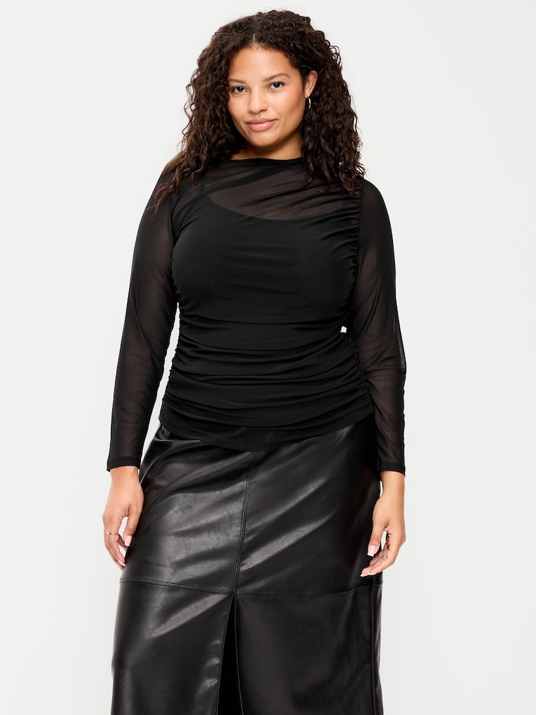 Long-Sleeve Draped Mesh Top