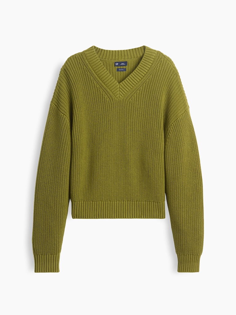 100% Cotton Oversized Shaker V-Neck Sweater