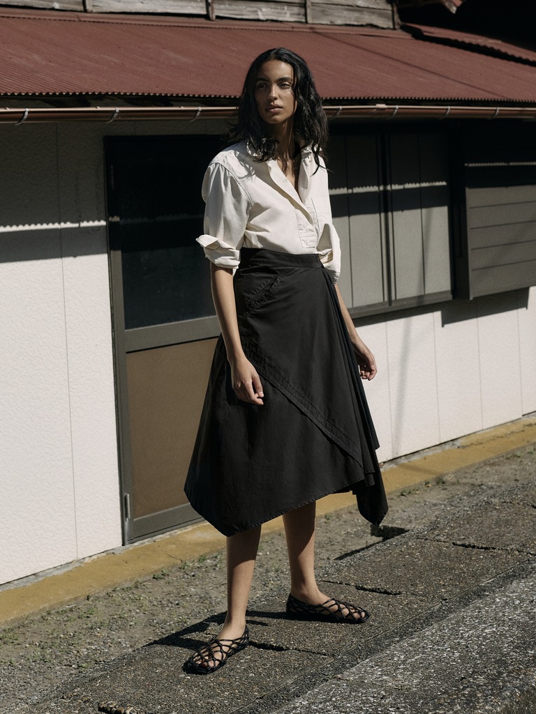 Cotton Twill Asymmetrical Wrap Midi Skirt