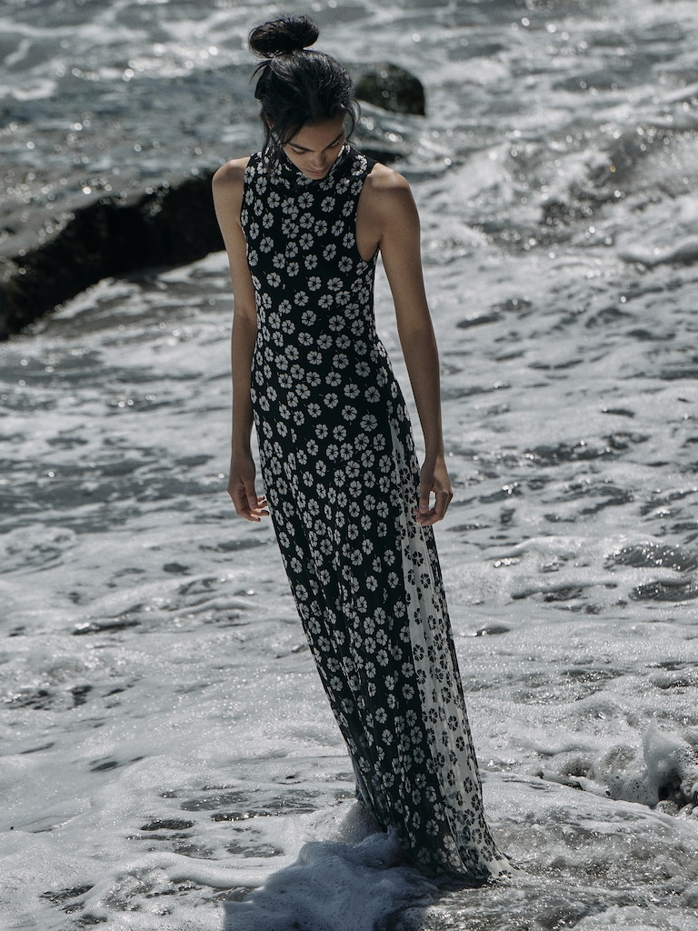Mesh Tie-Neck Maxi Dress