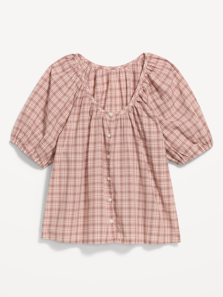 Short-Sleeve Button-Front Plaid Top