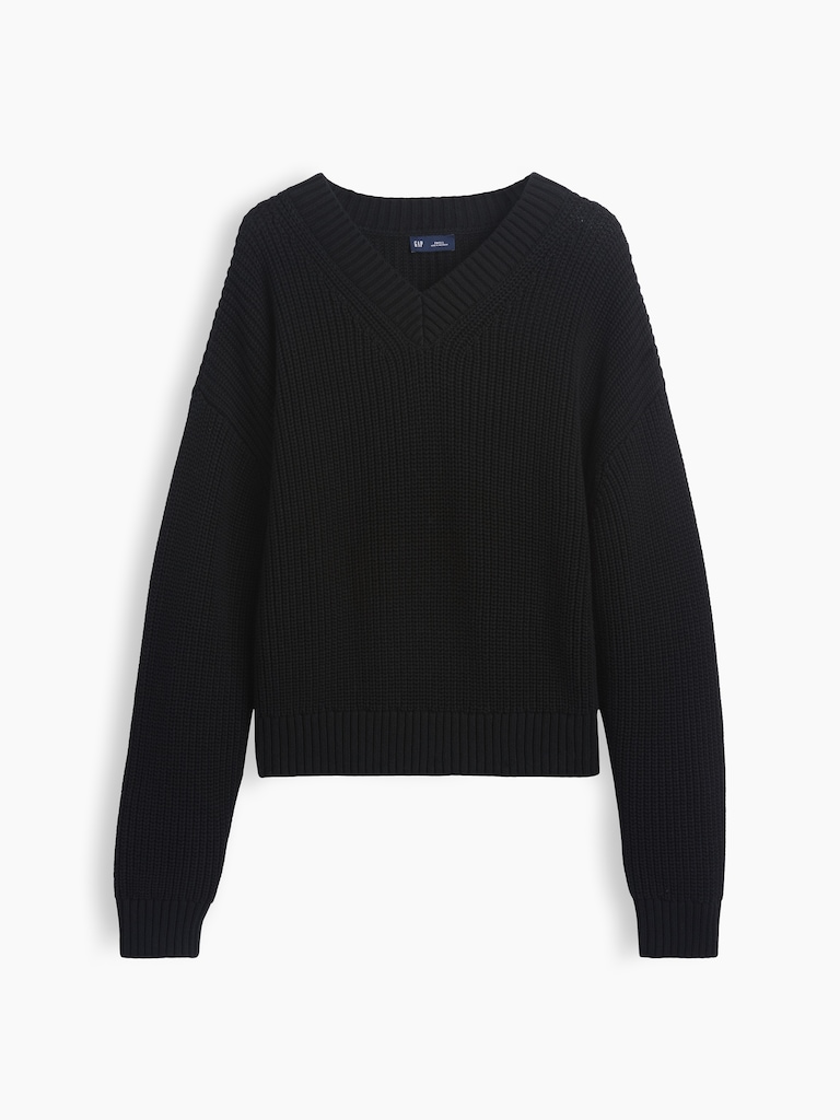 100% Cotton Oversized Shaker V-Neck Sweater