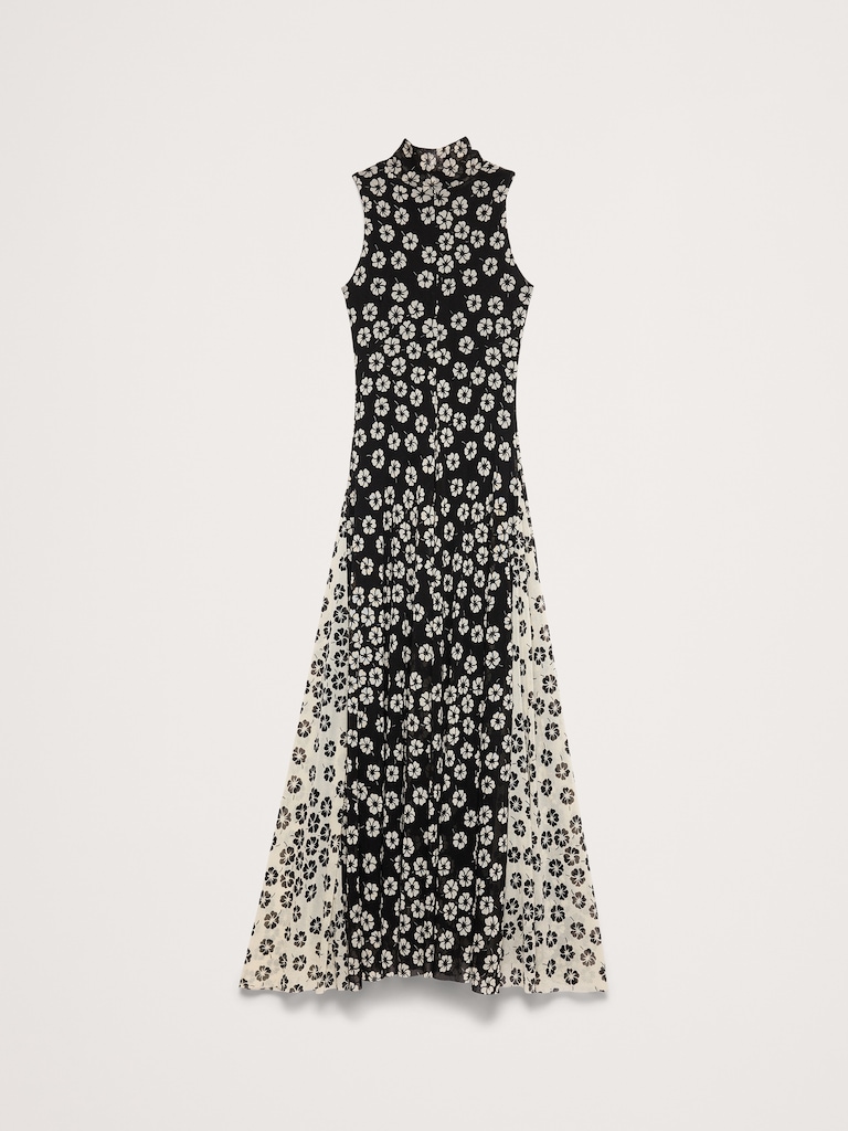 Mesh Tie-Neck Maxi Dress
