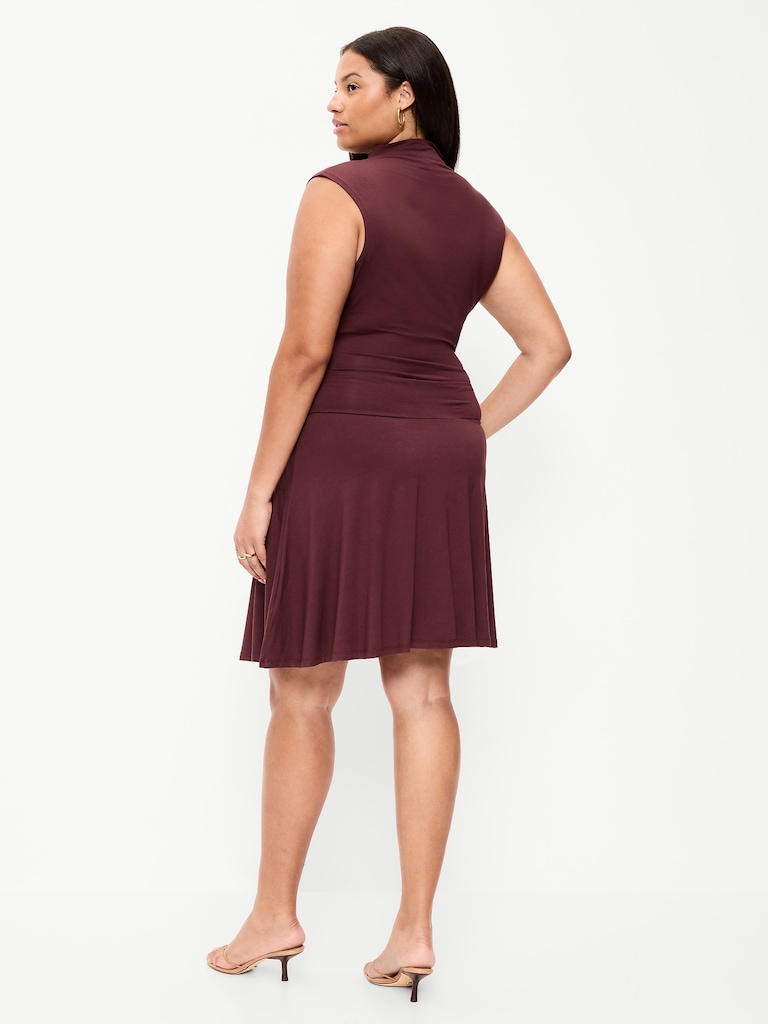 Gathered Mock-Neck Drop-Waist Mini Dress