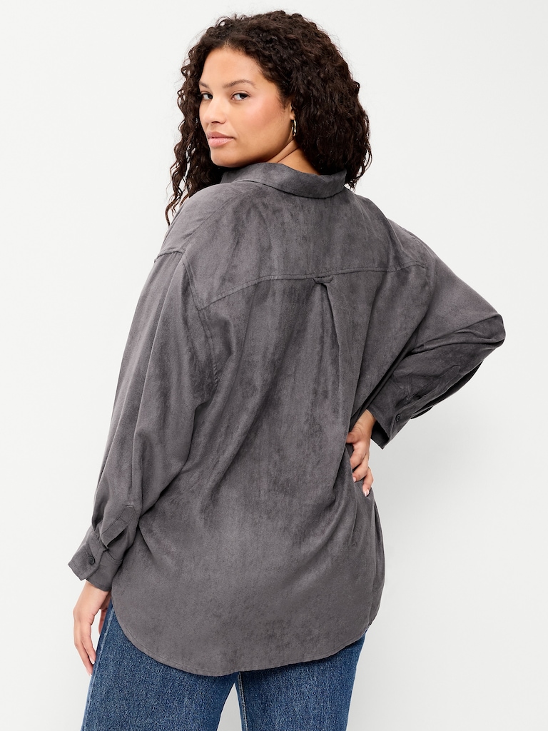 Oversized Faux-Suede Button-Down Boyfriend Shirt