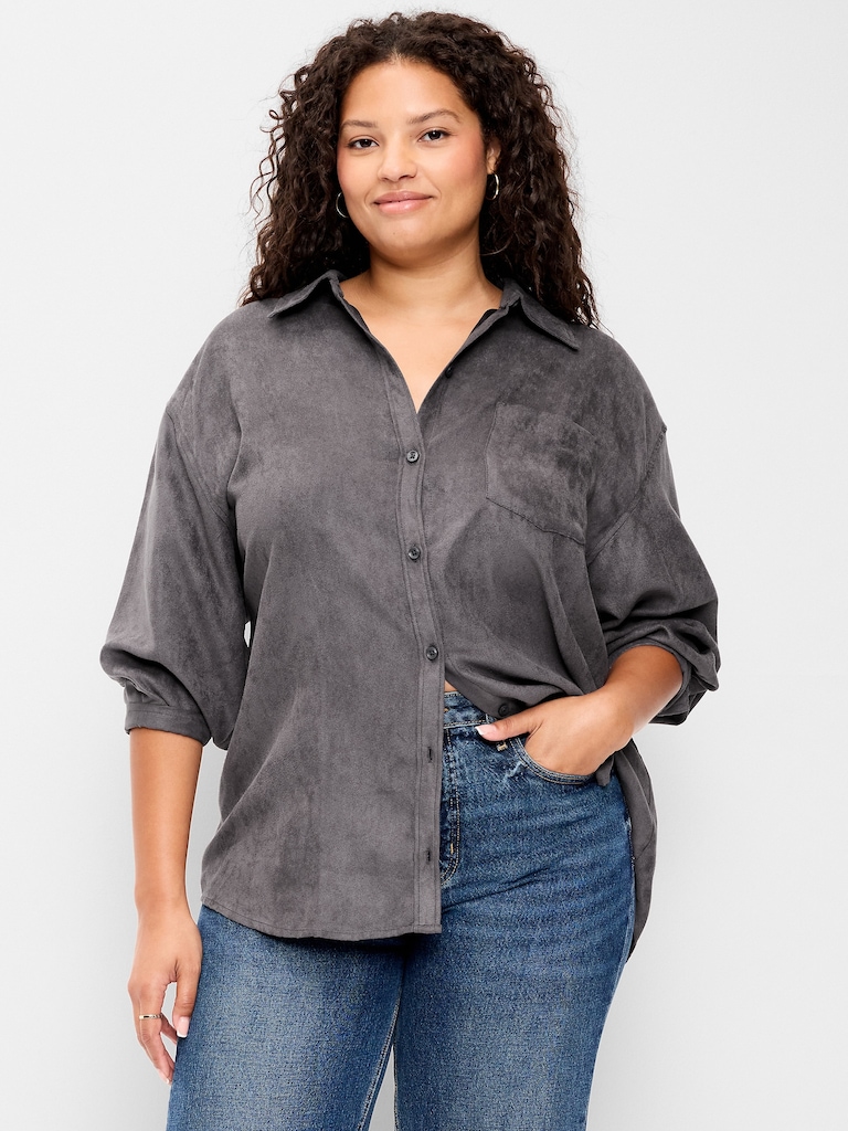 Oversized Faux-Suede Button-Down Boyfriend Shirt