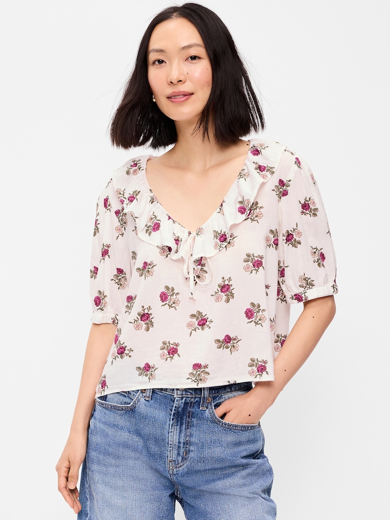 Ruffle Collar Tie-Front Top