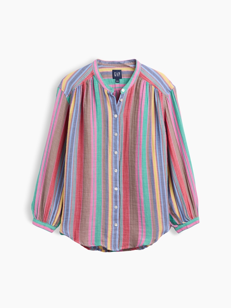 Cotton Gauze Oversized Collarless Shirt
