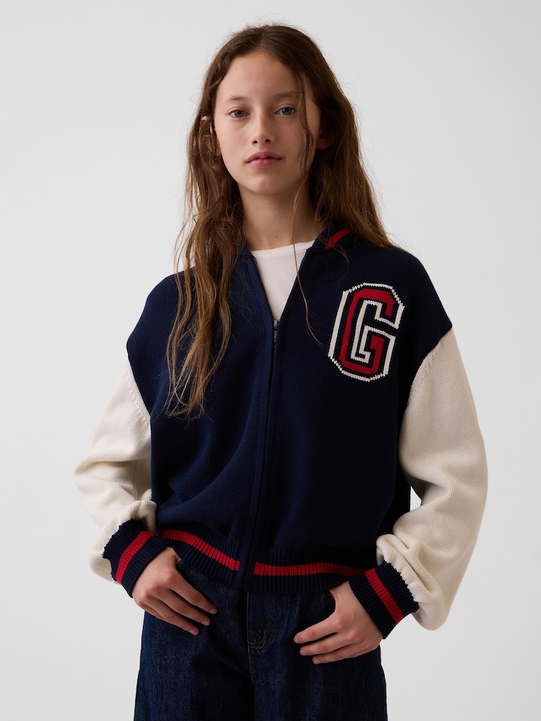 Kids 100% Cotton Relaxed Varsity Sweater Jacket