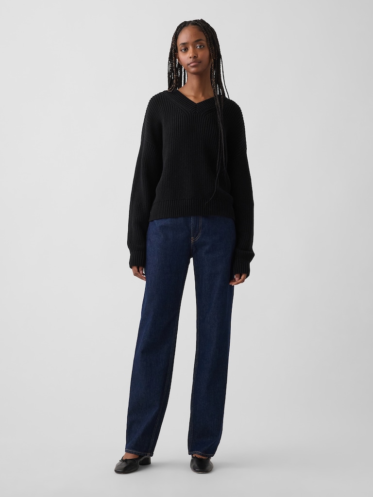 100% Cotton Oversized Shaker V-Neck Sweater