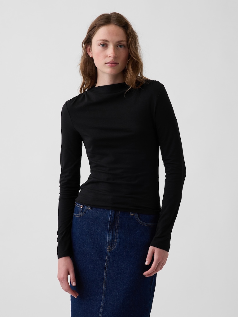CloseKnit Jersey Funnel-Neck Ruched T-Shirt