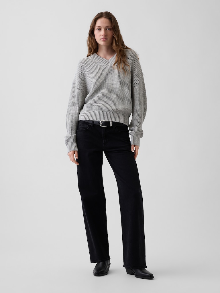 100% Cotton Oversized Shaker V-Neck Sweater