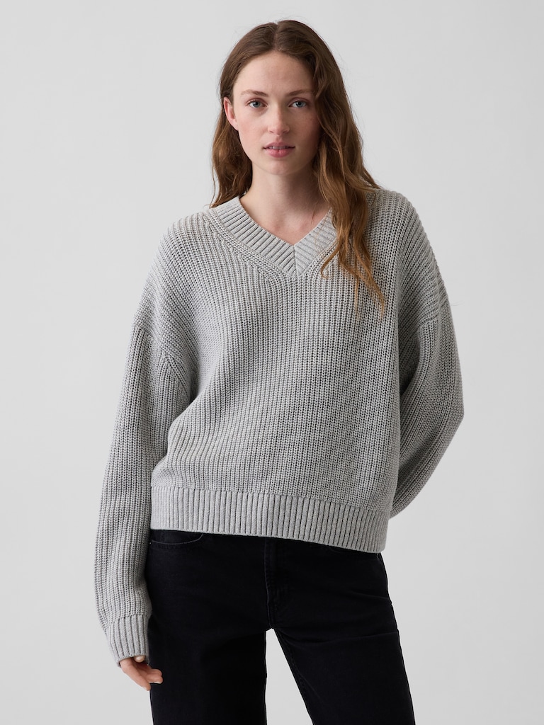 100% Cotton Oversized Shaker V-Neck Sweater