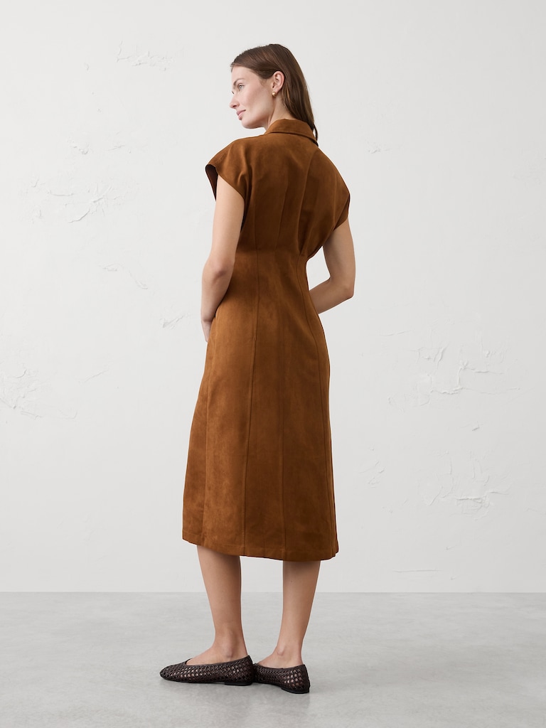 Vegan Suede Seamed Midi Shirtdress