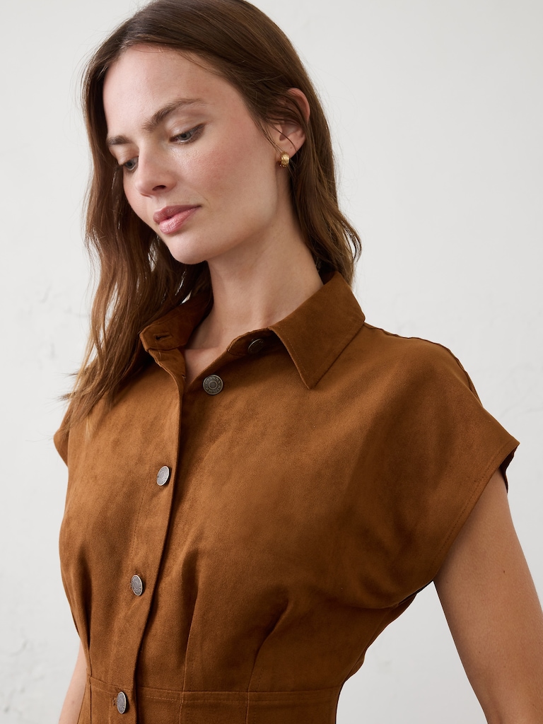 Vegan Suede Seamed Midi Shirtdress