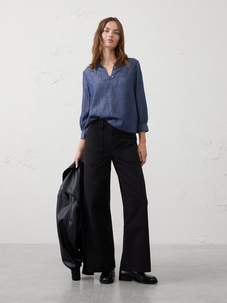 Denim Collared Tab Pullover Top