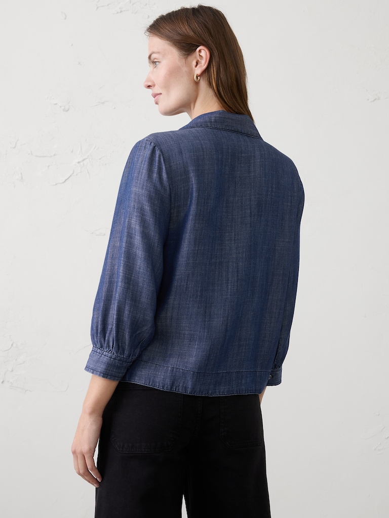 Denim Collared Tab Pullover Top