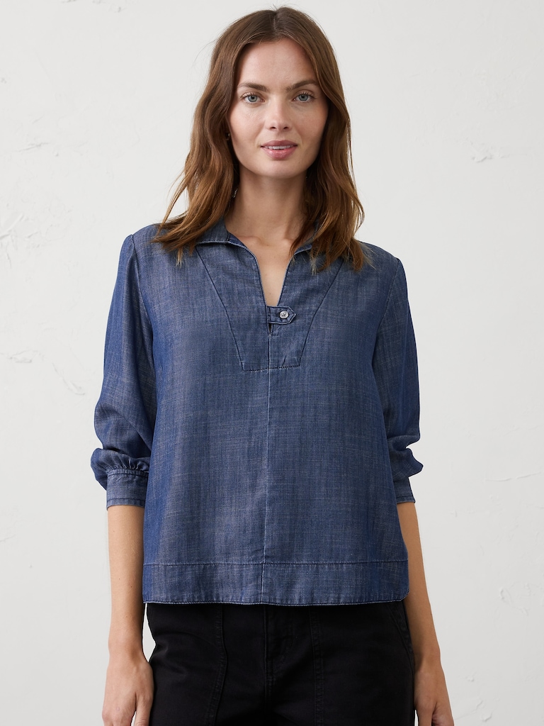 Denim Collared Tab Pullover Top