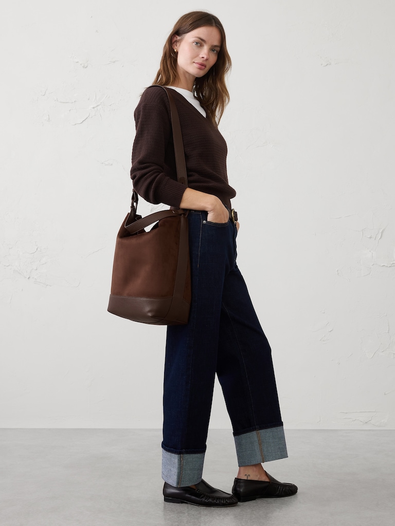 Vegan Leather Suede Bucket Tote