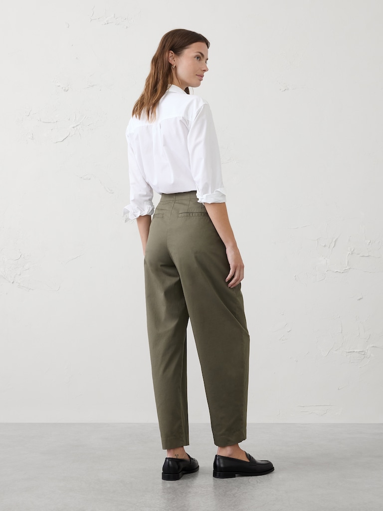 Barrel-Leg High-Rise Twill Pleated Utility Pant
