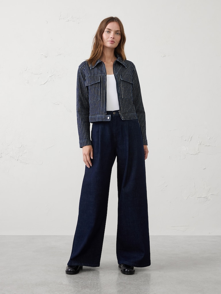 Denim Pinstriped Cropped Jacket