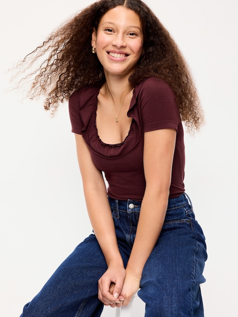 Lettuce-Edge Scoop-Neck Top