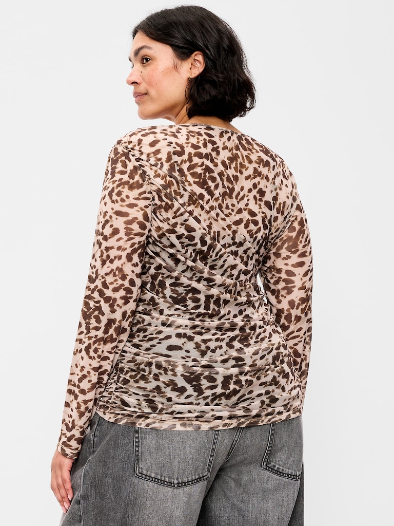 Long-Sleeve Draped Mesh Top
