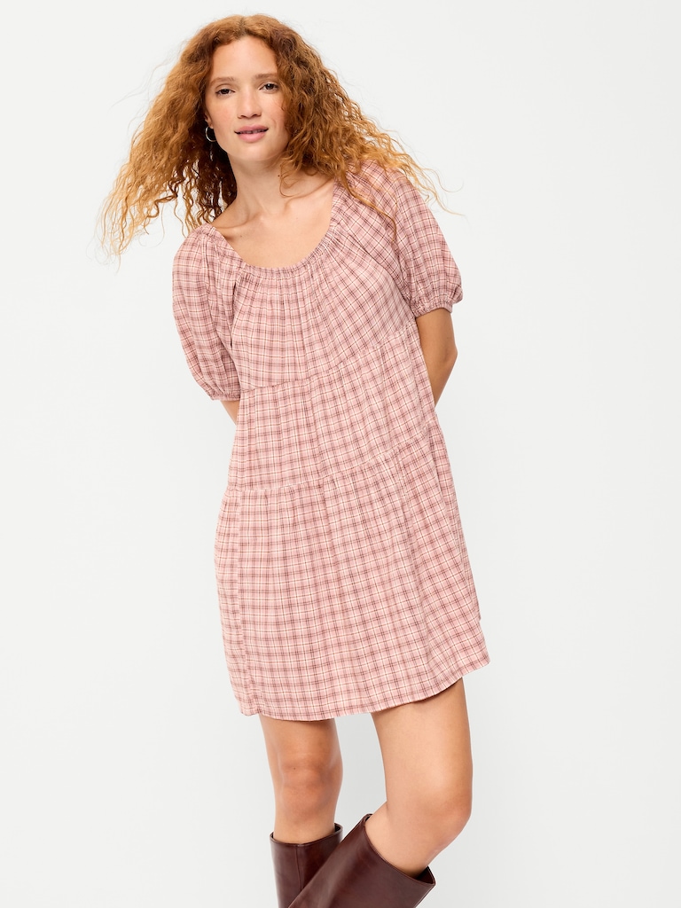 Puff-Sleeve Smocked Mini Swing Dress
