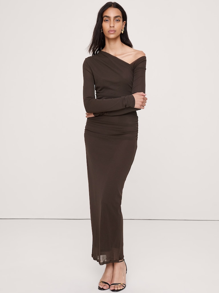 Mesh Asymmetric Ruched Maxi Dress