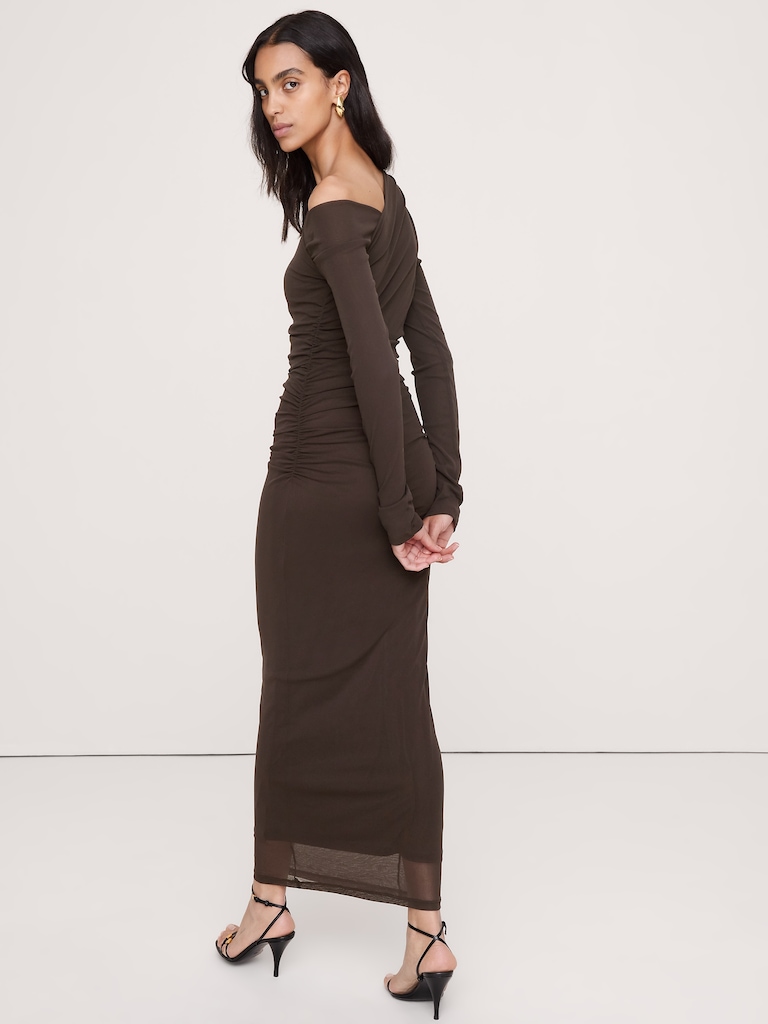 Mesh Asymmetric Ruched Maxi Dress
