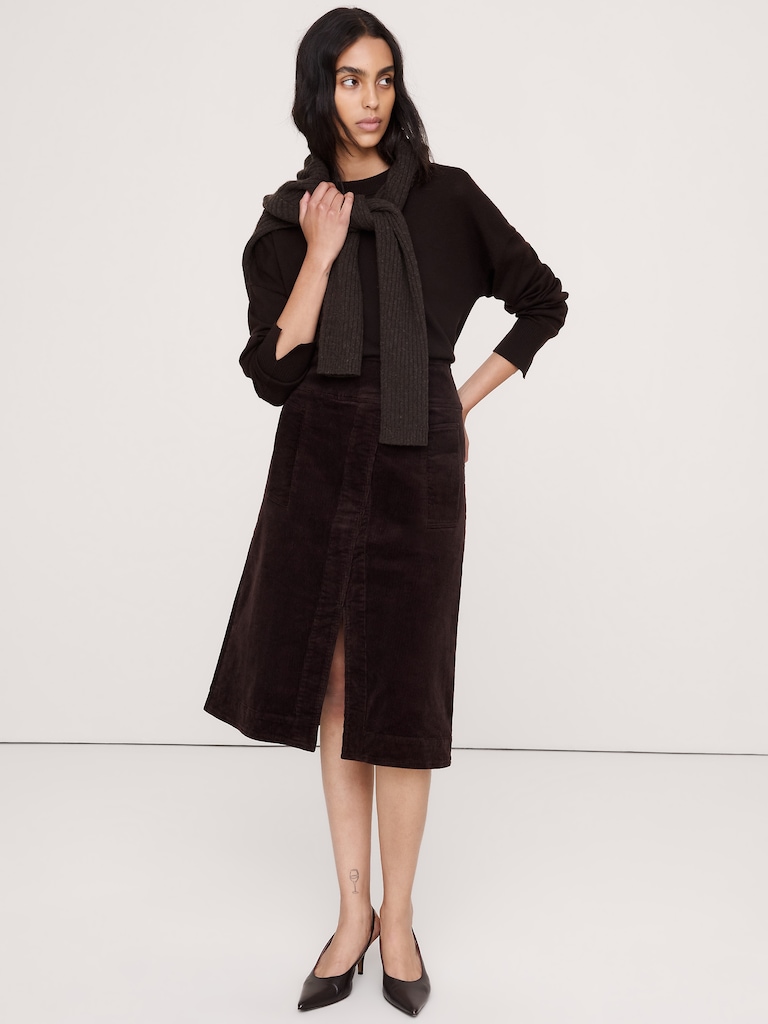 Corduroy Asymmetrical-Slit Midi Skirt