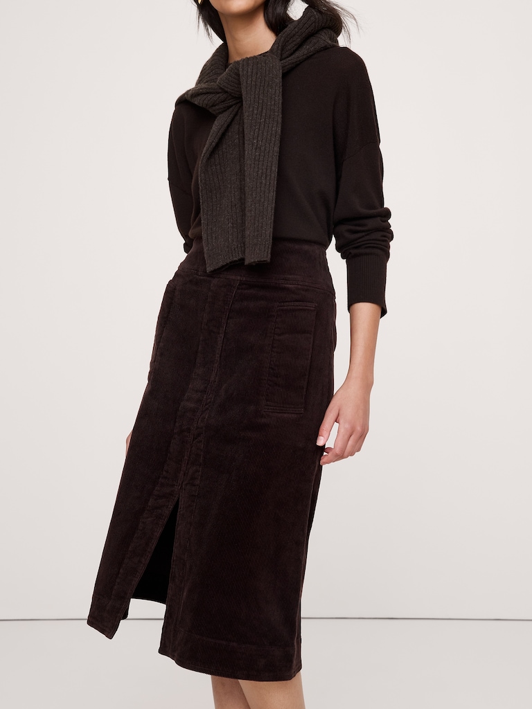 Corduroy Asymmetrical-Slit Midi Skirt