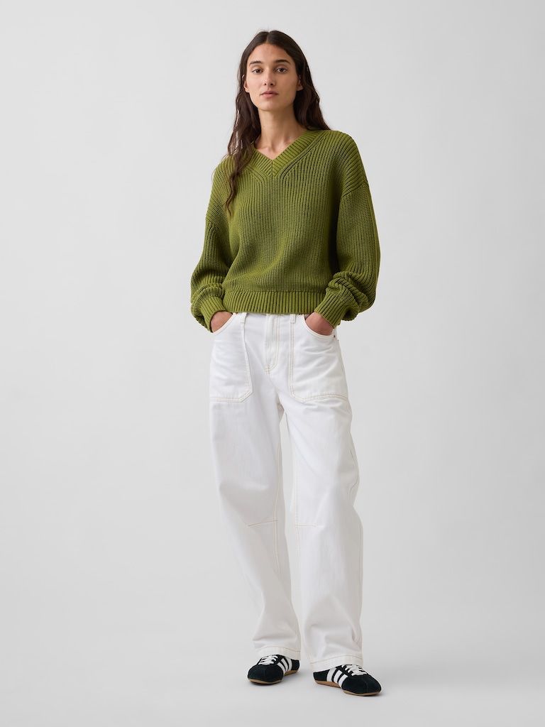 100% Cotton Oversized Shaker V-Neck Sweater