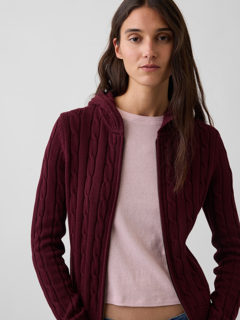 100% Cotton Cable-Knit Zip Cardigan