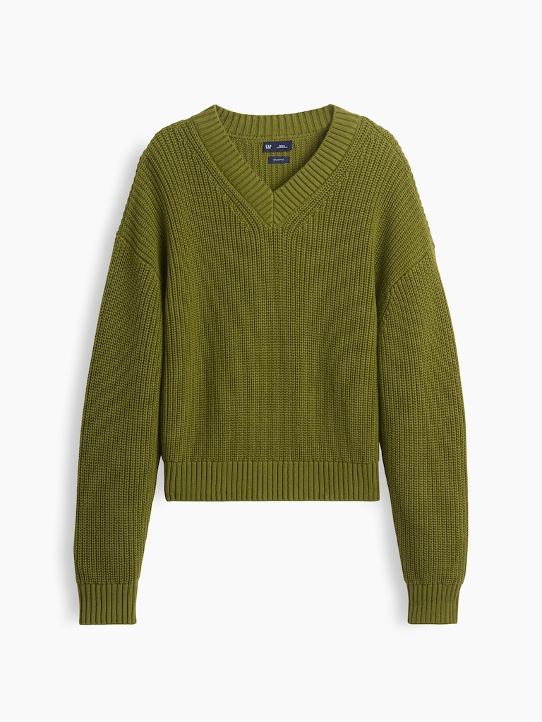 100% Cotton Oversized Shaker V-Neck Sweater