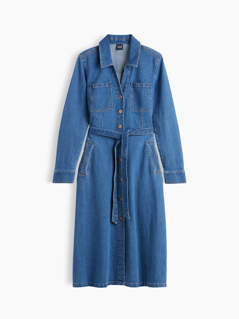 Denim Tie-Belt Midi Dress