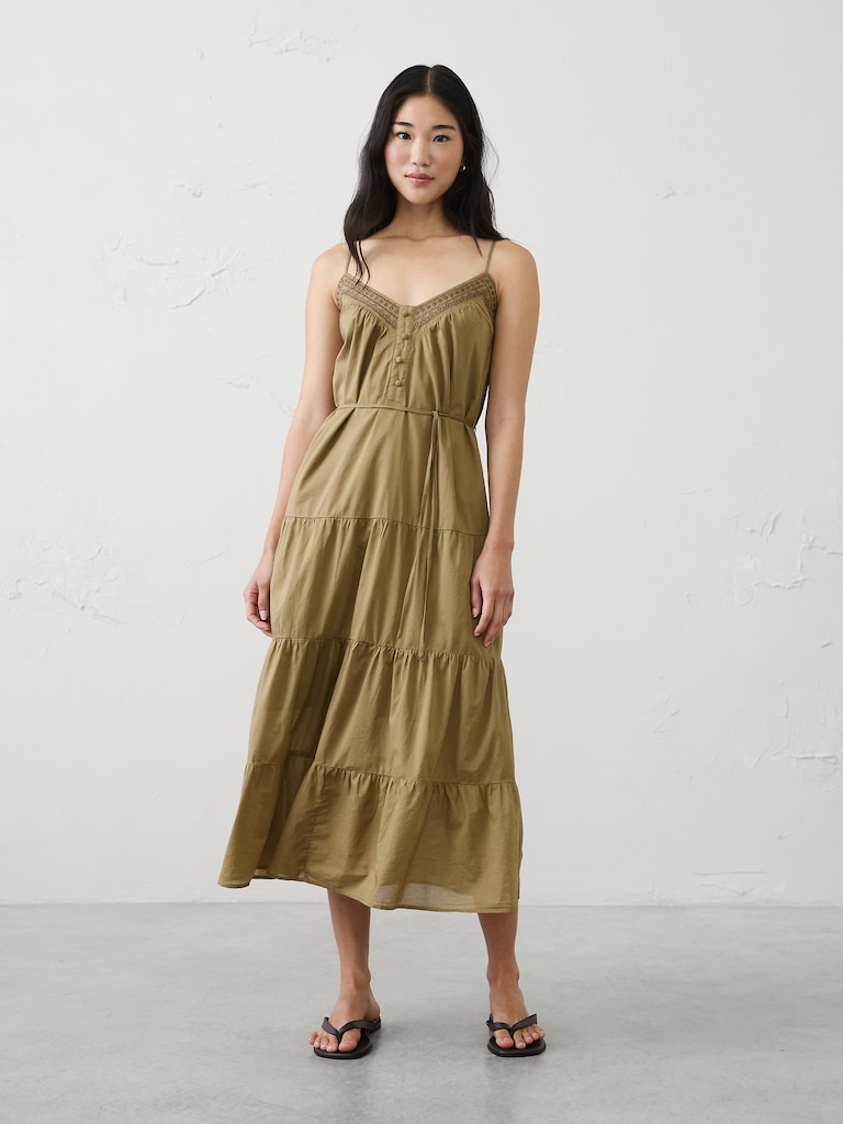 Strappy Embroidered Tiered Midi Dress