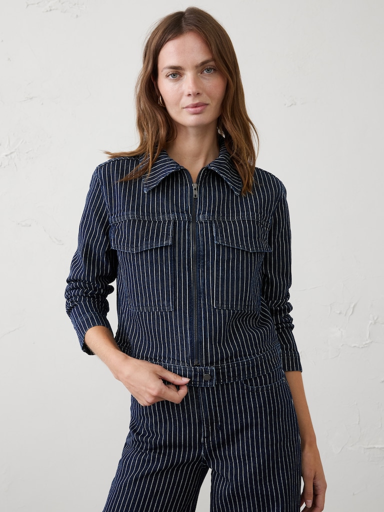 Denim Pinstriped Cropped Jacket