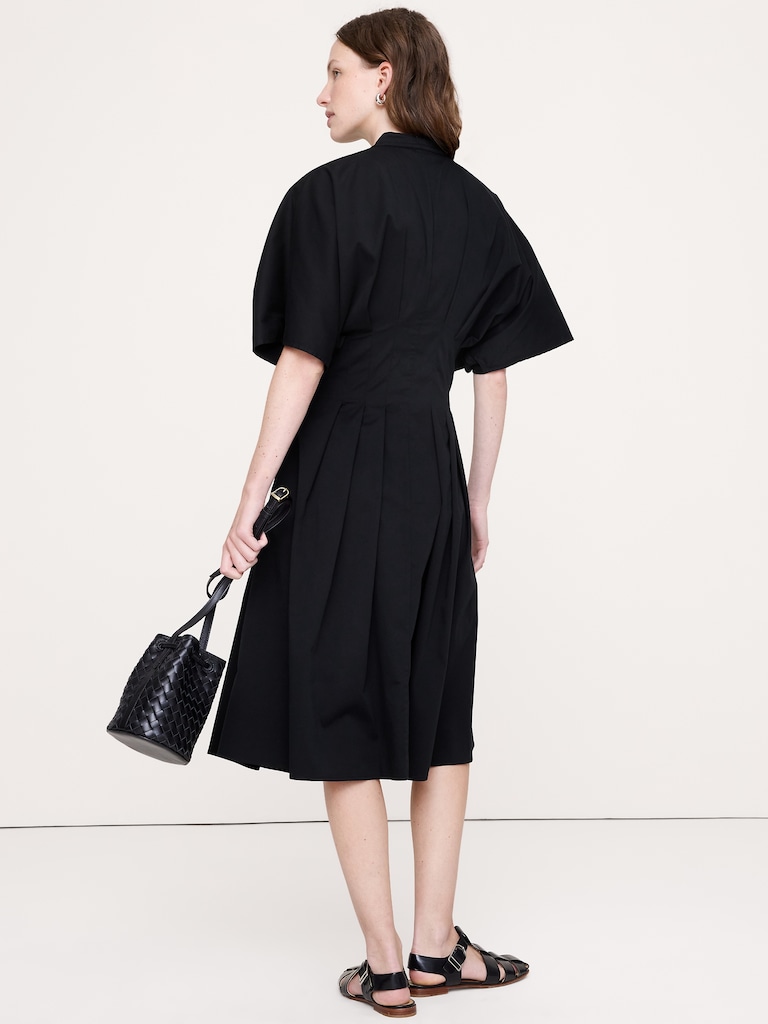 Stretch-Cotton Pleated Midi Shirt Dress