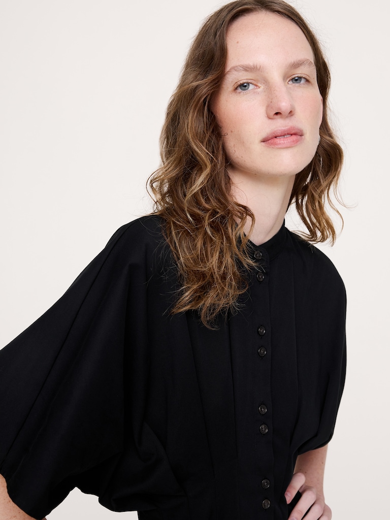 Stretch-Cotton Pleated Midi Shirt Dress