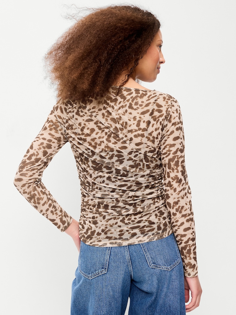 Long-Sleeve Draped Mesh Top