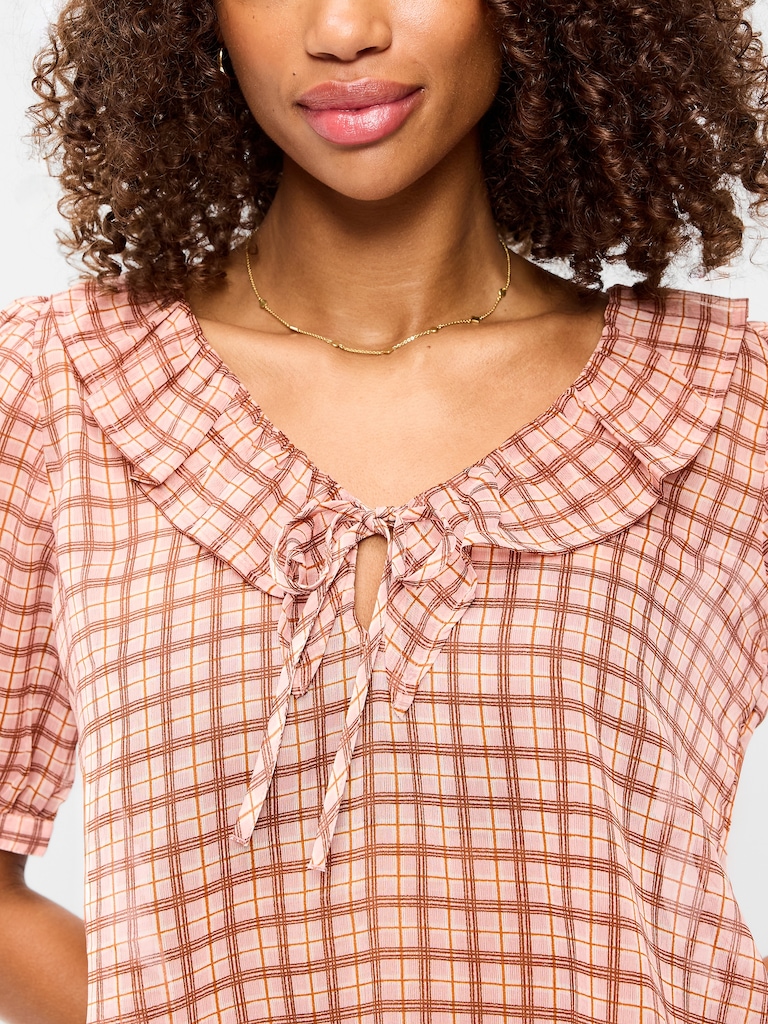 Ruffle Collar Tie-Front Chiffon Top