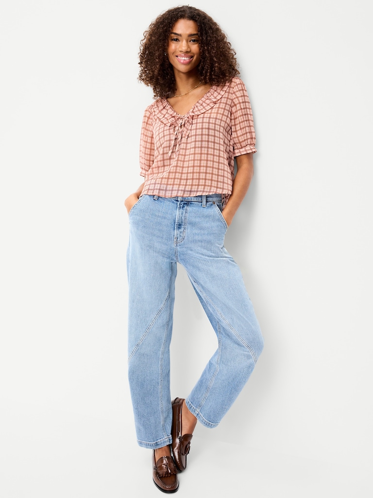Ruffle Collar Tie-Front Chiffon Top