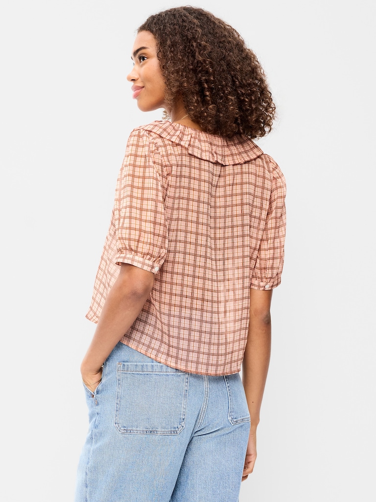 Ruffle Collar Tie-Front Chiffon Top
