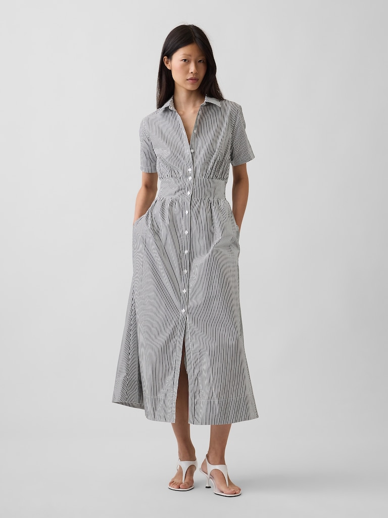 Poplin Smocked-Waist Maxi Shirtdress